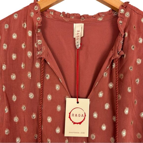 NWT Anthropologie Raga Kenna Polka Dot Tiered Mini Dress Dusty Pink Metallic S - Picture 4 of 10
